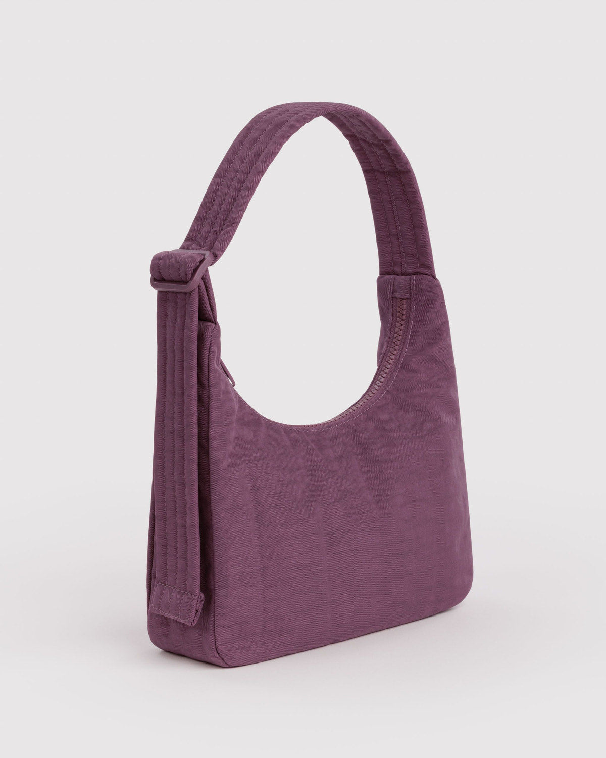 Mini nylon shoulder bag in plum with adjustable strap and side tie detail