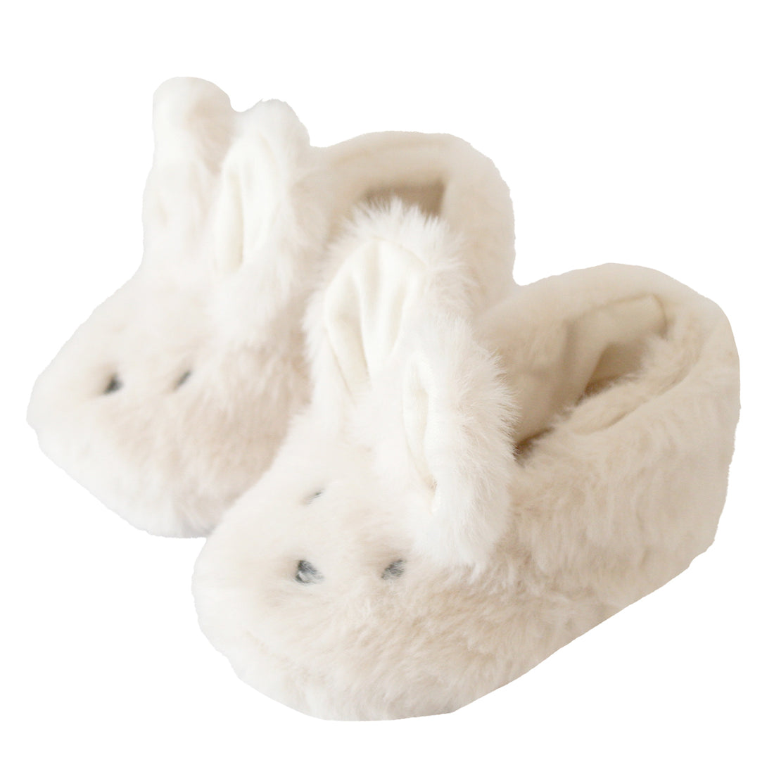 Ivory plush bunny slippers, front view with stitched eyes and nose, soft padded lining