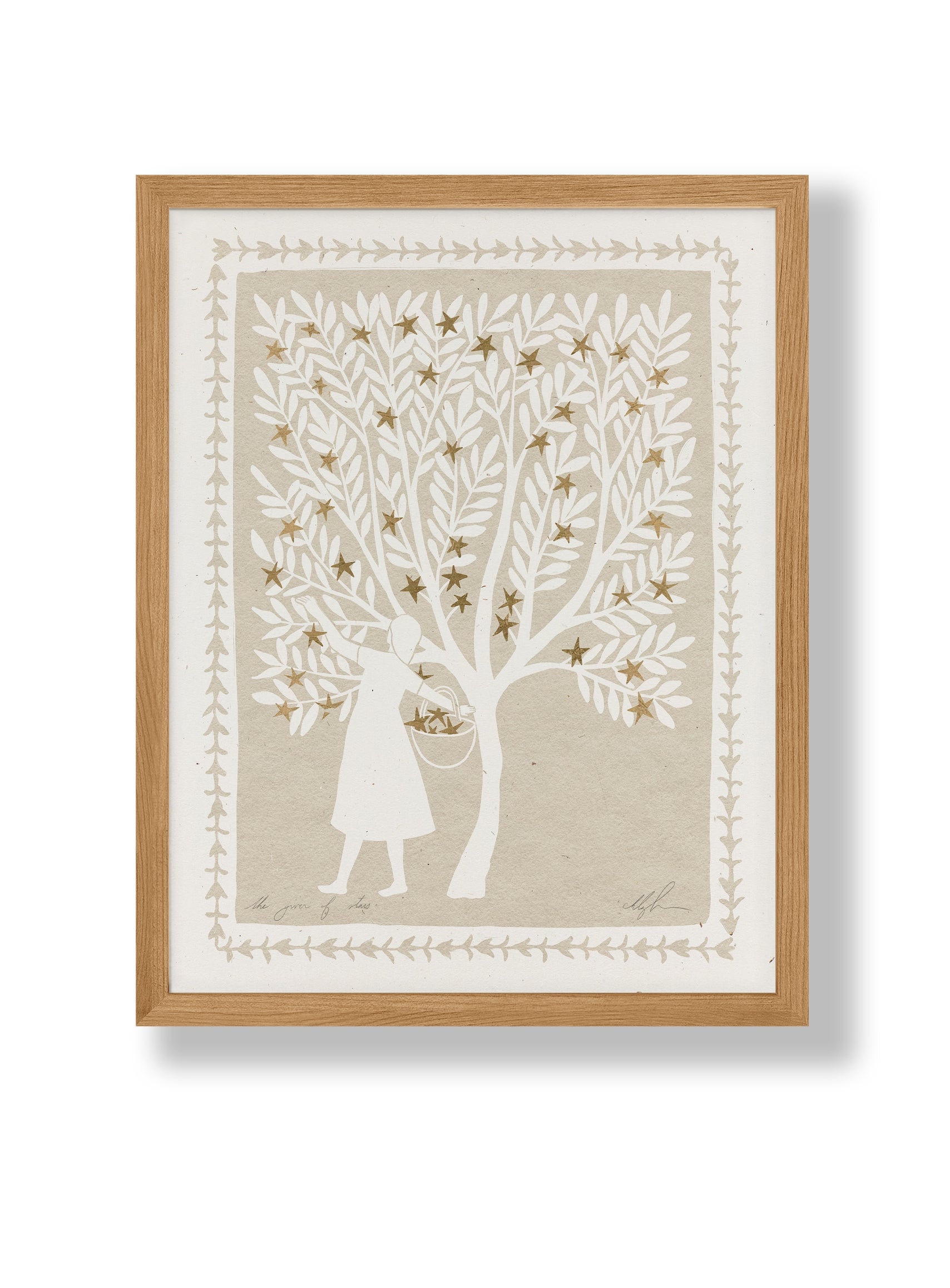 Wood-framed print with cream tree and branches, two standing figures, and star accents