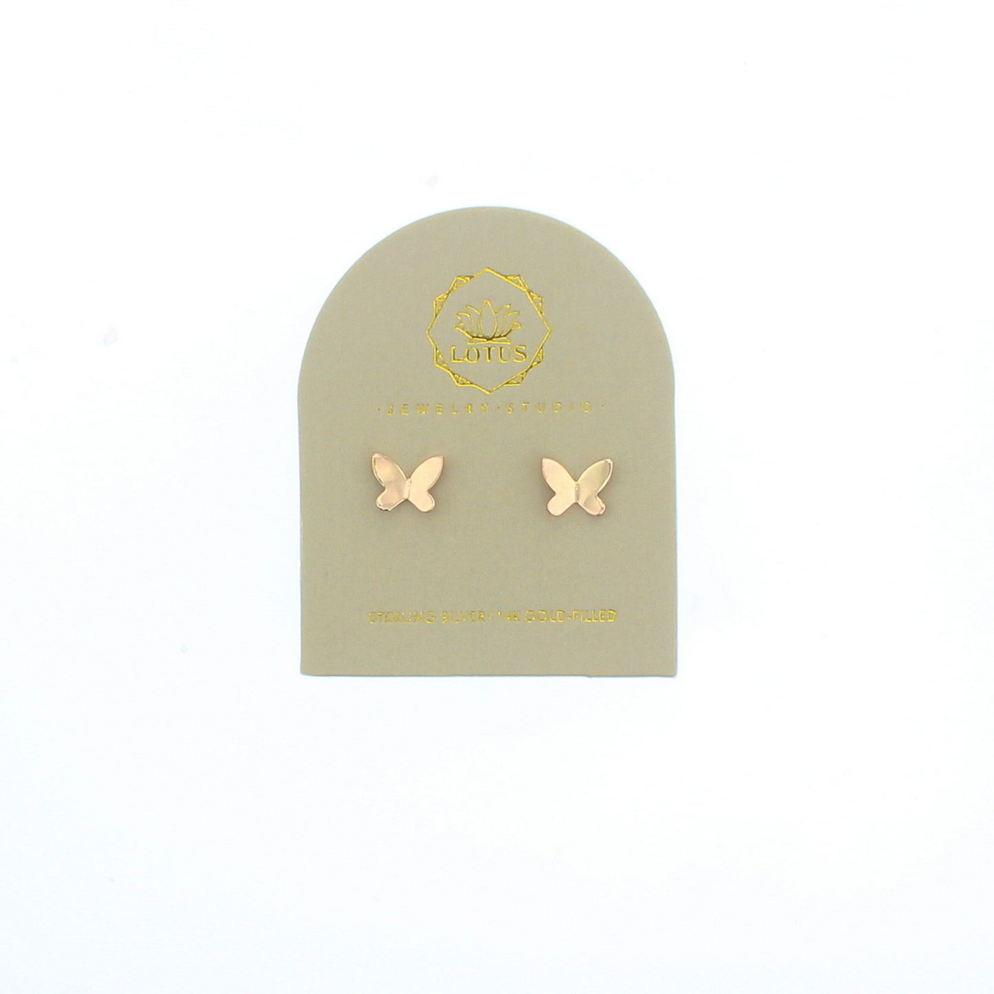 Gold butterfly stud earrings on display card, two small gold butterfly pairs