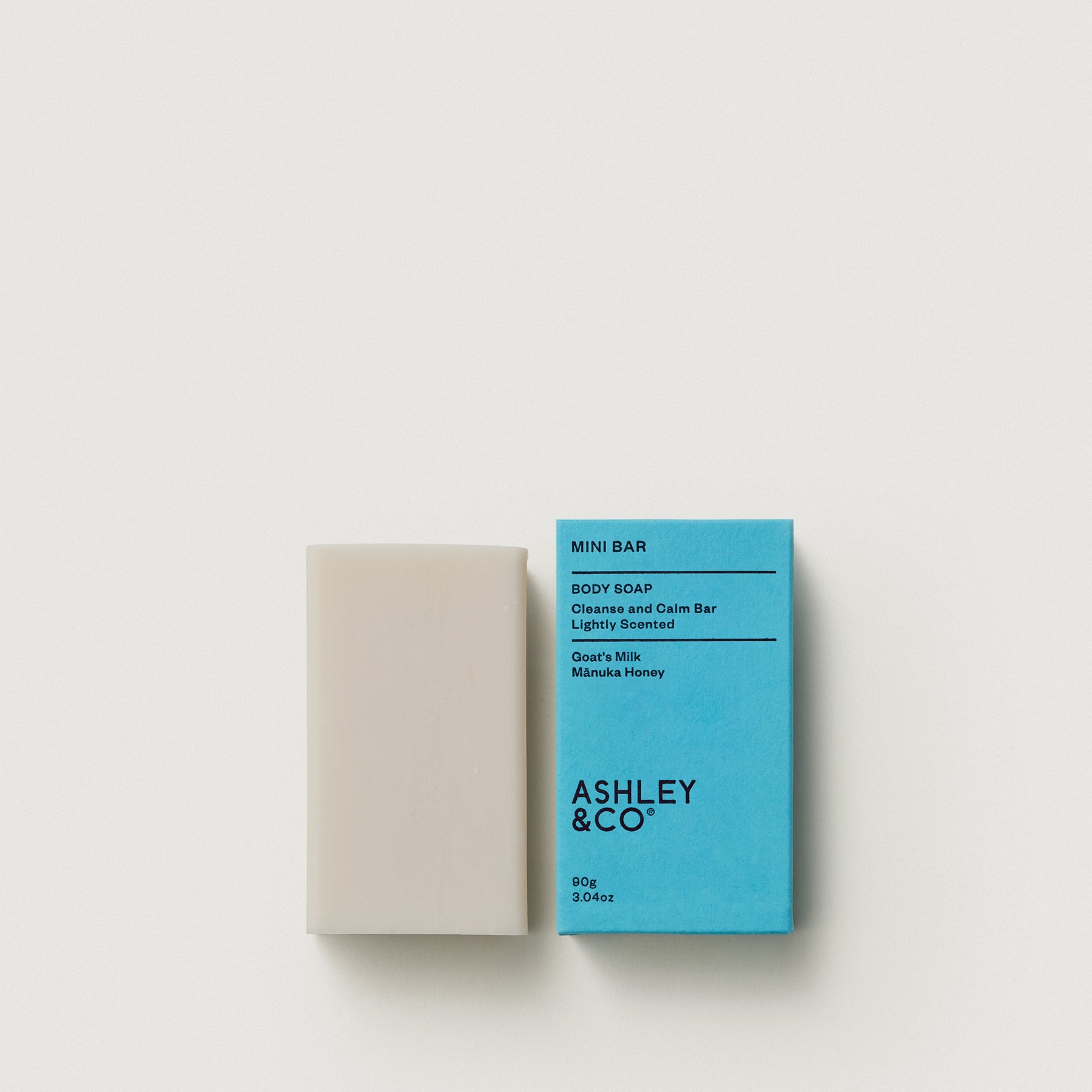 Mini soap bar with white bar and blue Ashley & Co box