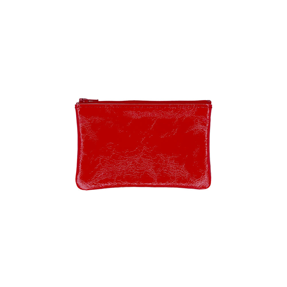 Vermilion red patent zip pouch with top zipper and flat base