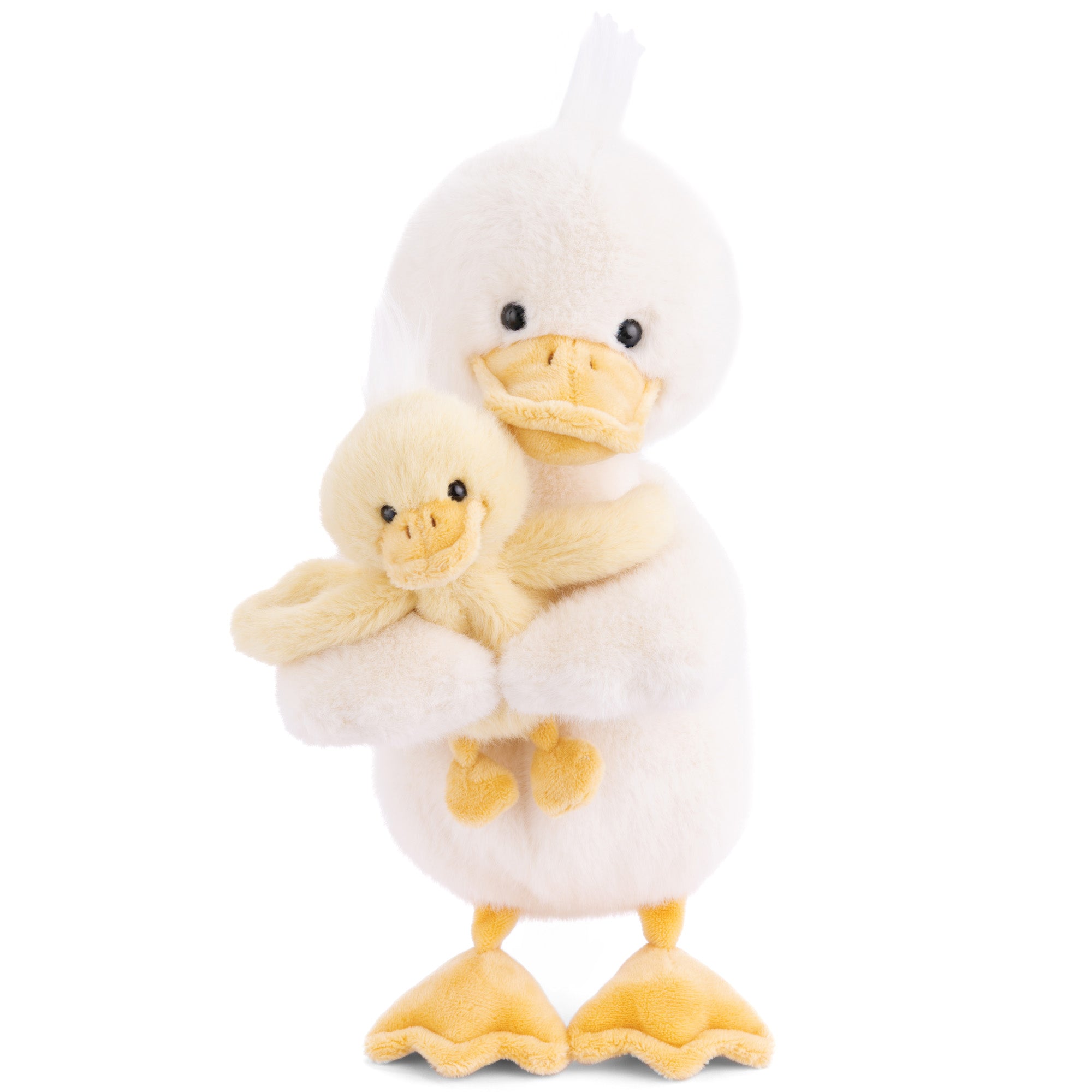 Plush duck mother and baby stuffed animal set, soft cream with yellow accents