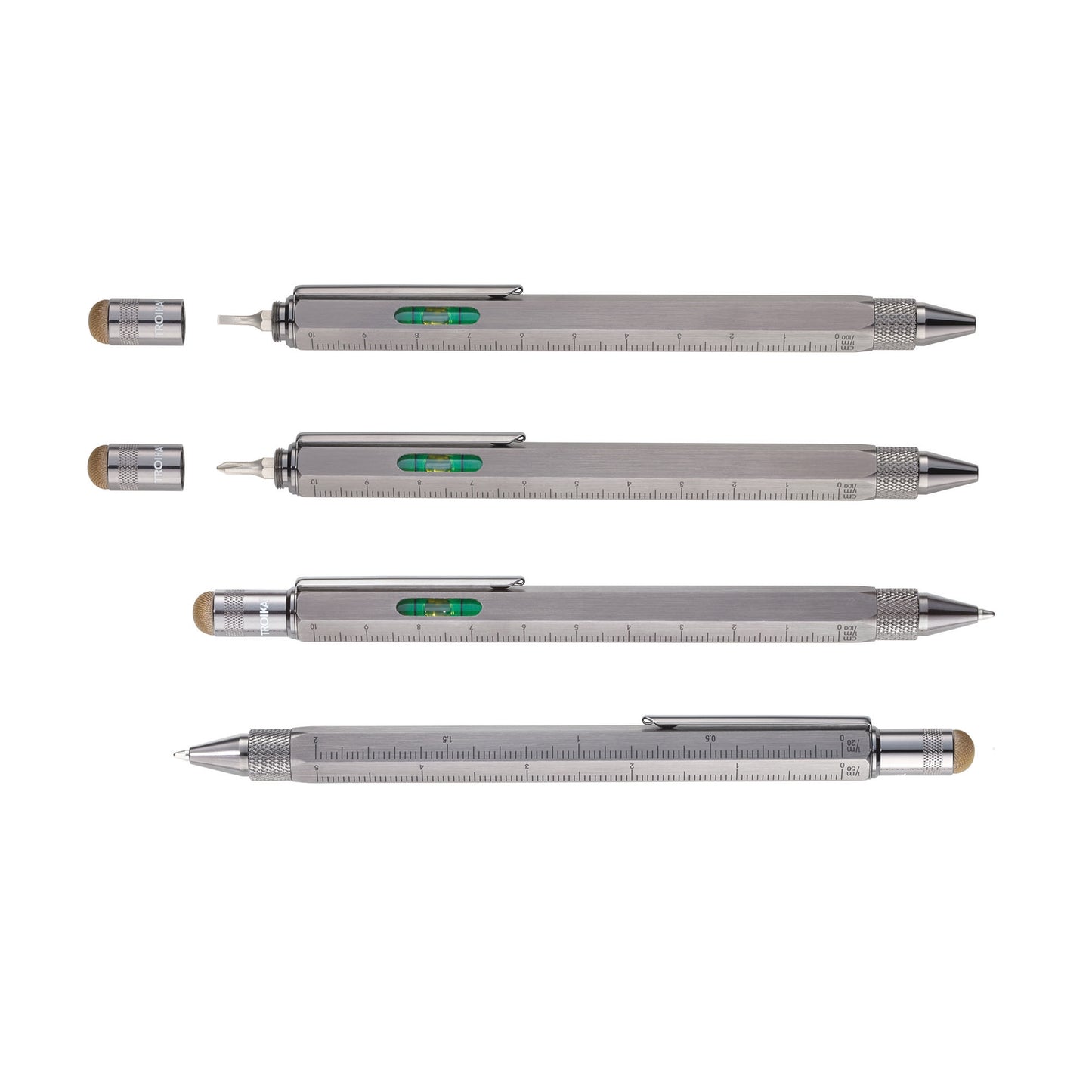 Silver ballpoint measuring pens with ruler markings and built-in bubble level