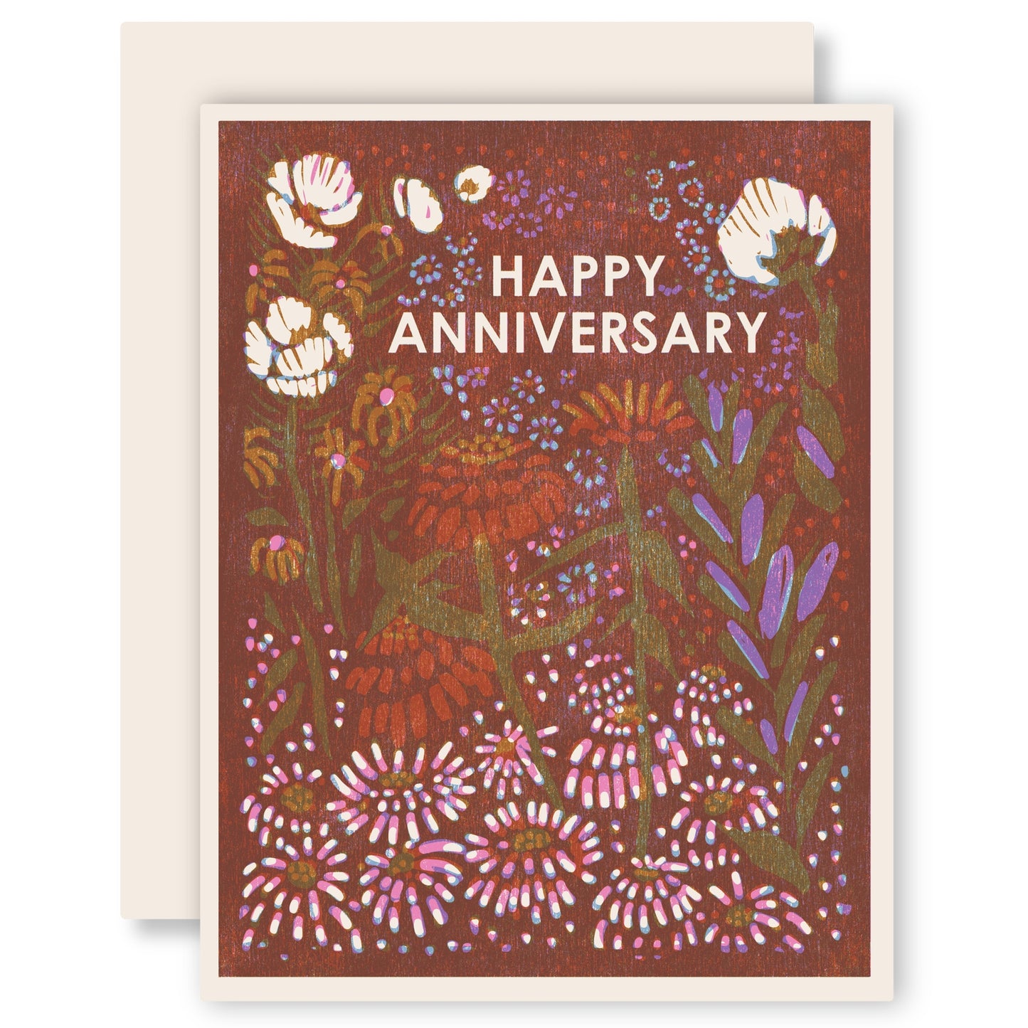 Anniversary letterpress card with dark red floral pattern and 'Happy Anniversary' text