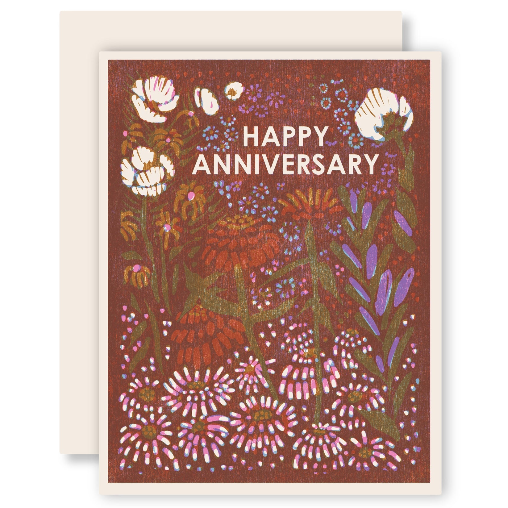 Anniversary letterpress card with dark red floral pattern and 'Happy Anniversary' text
