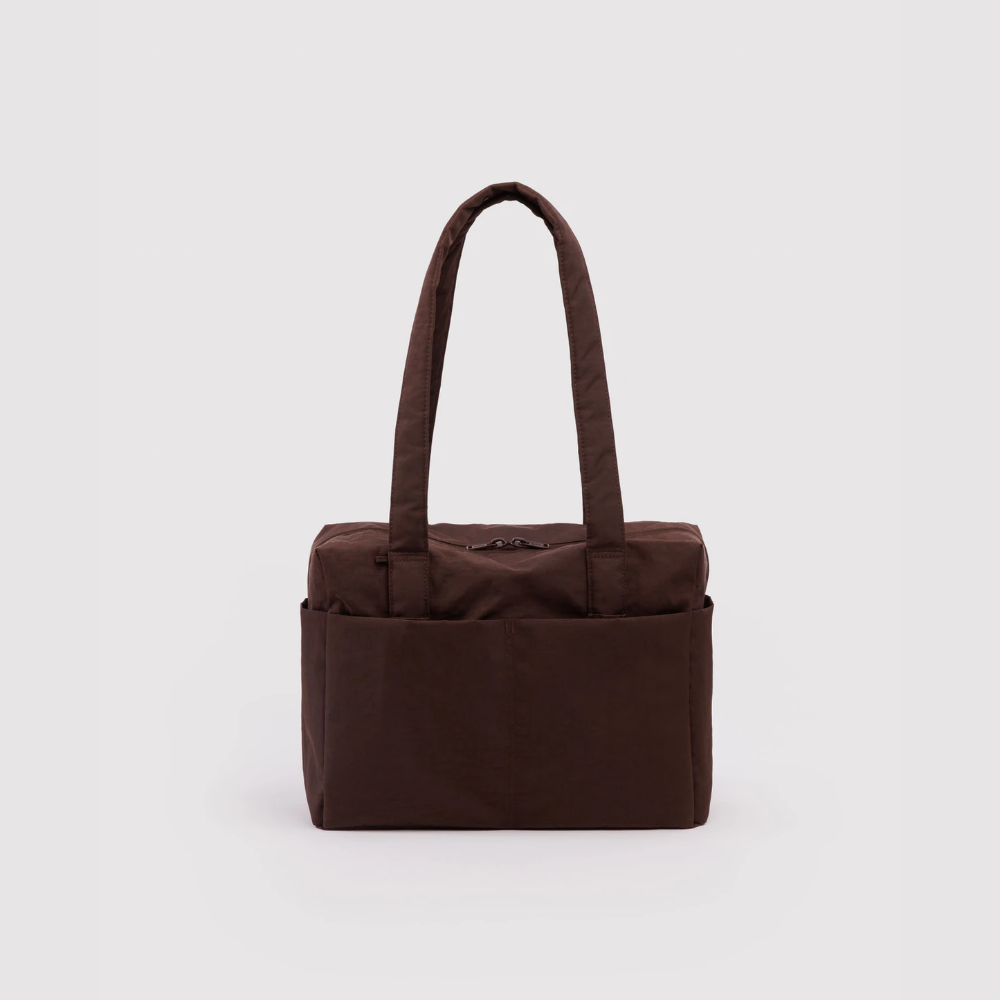 Brown structured tote bag with top handles and zippered opening