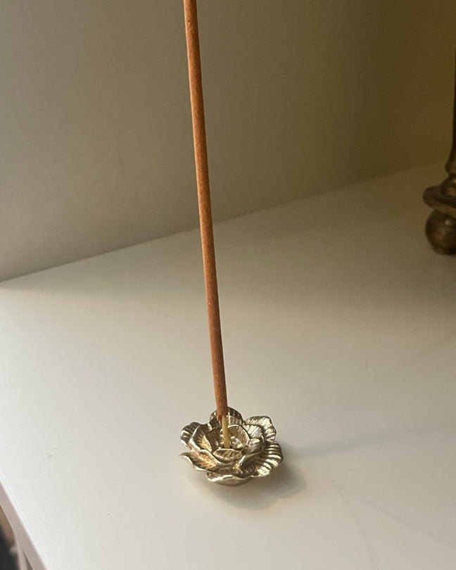 Brass rose incense holder with upright incense stick