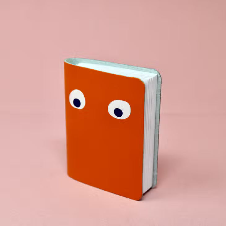 Orange mini leather notebook with two white googly eyes on the cover