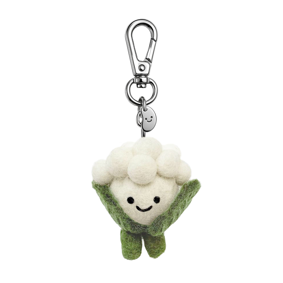Felt cauliflower keychain with smiling face, white pom-pom top, green base, metal clip