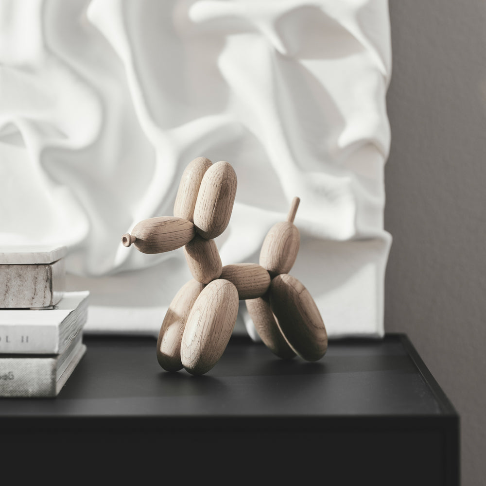 Small Balloon d'Og white oak figurine, standing balloon-dog with five oval wood segments