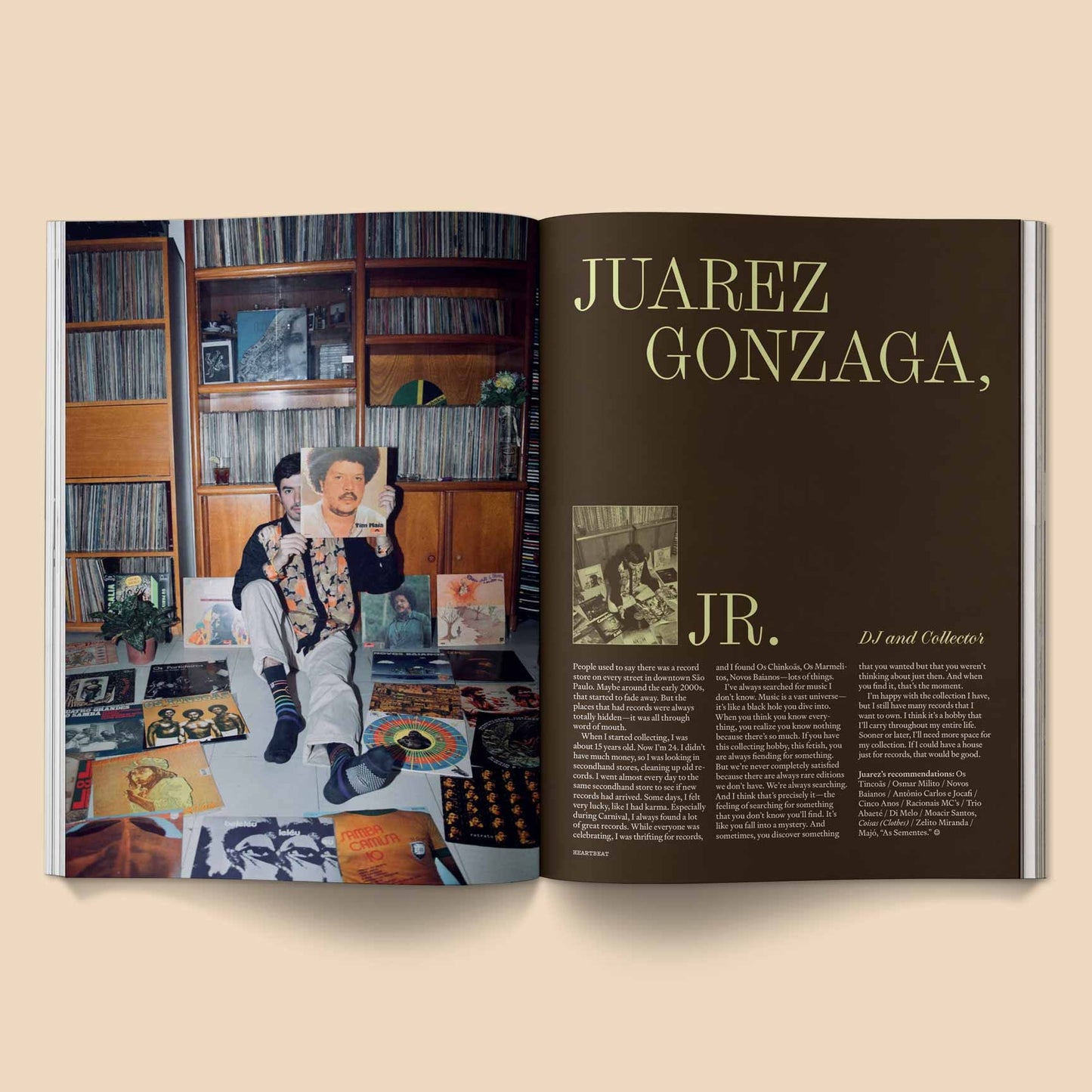 Opened music magazine spread with "JUAREZ GONZAGA" title and studio bookshelf photo