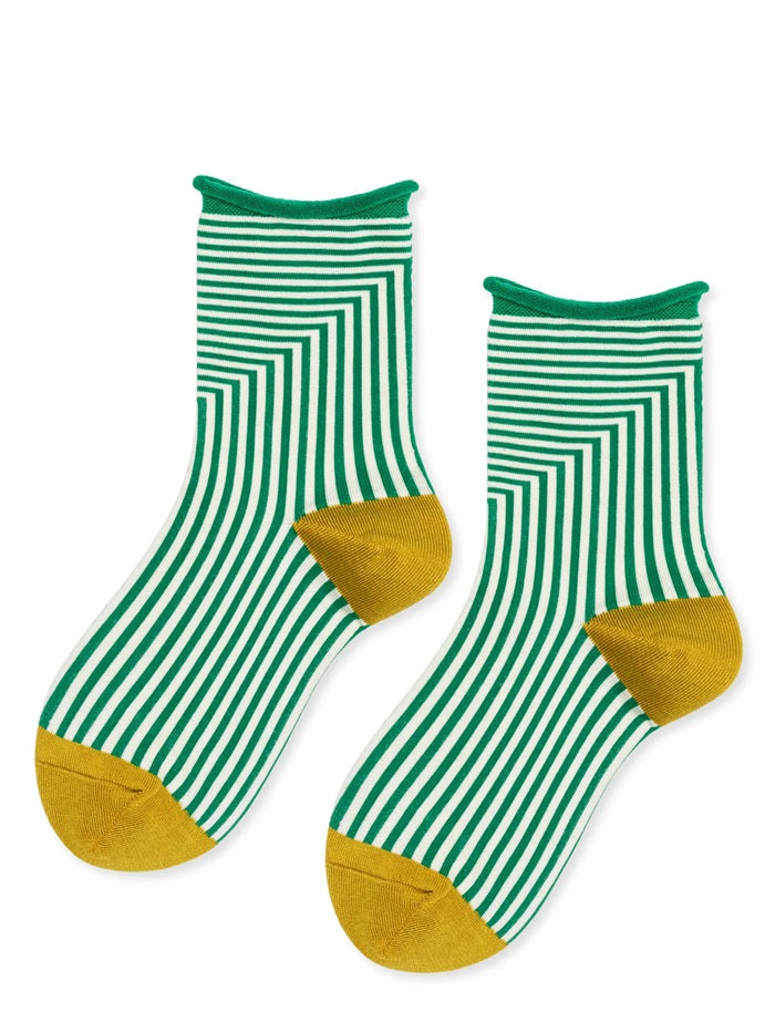 Green striped crew socks with mustard yellow heel and toe, ribbed cuffs