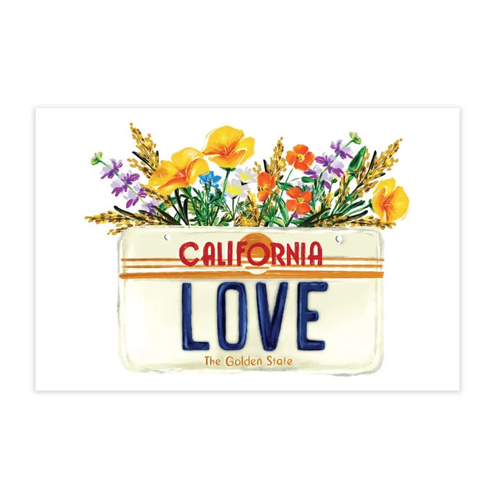 License plate style California love postcard with flowers and bold 'CALIFORNIA LOVE' text.