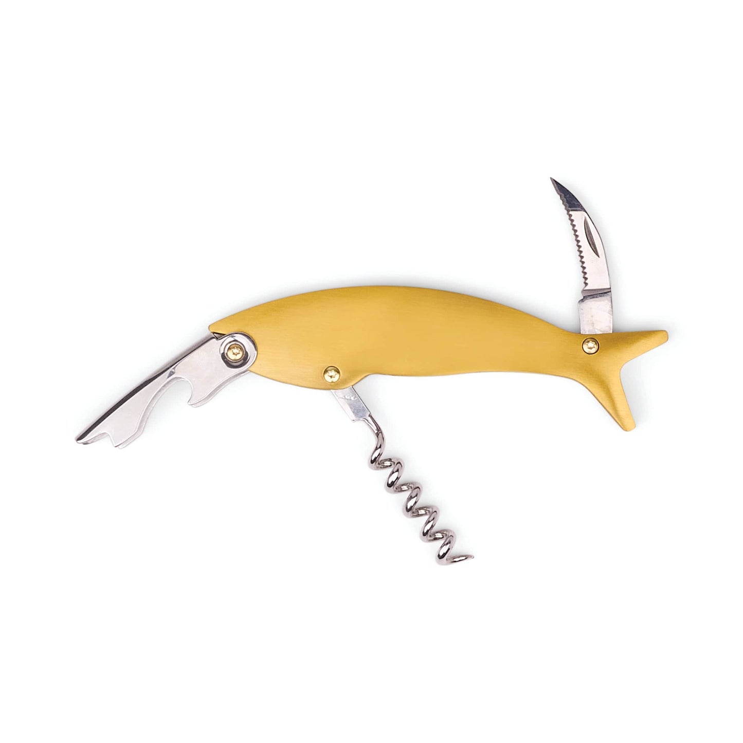 Maple wine bottle opener with pointed corkscrew and chrome wing lever, gold-toned handle