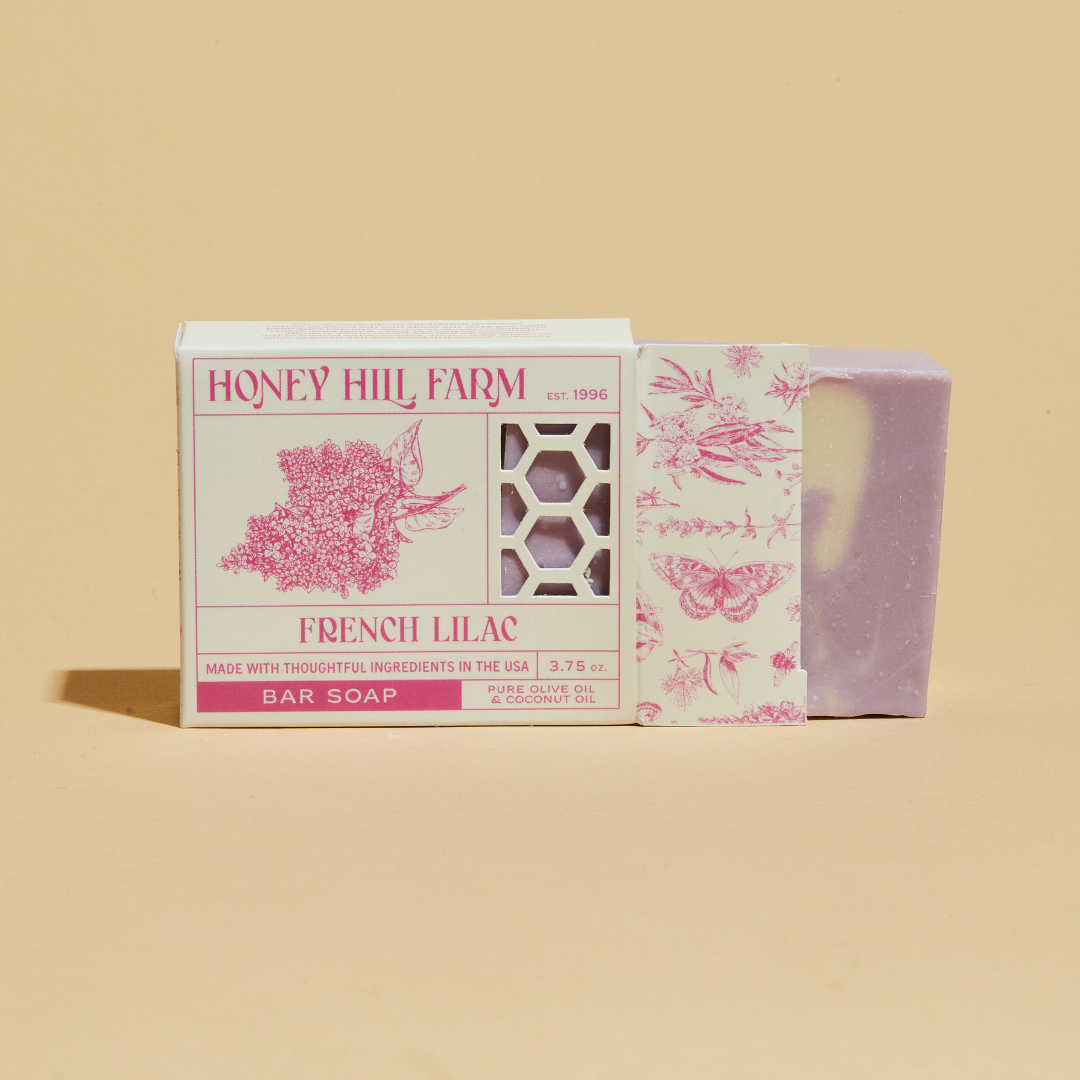 Honey Hill Farm French Lilac bar soap with pale purple bar and lilac label box.