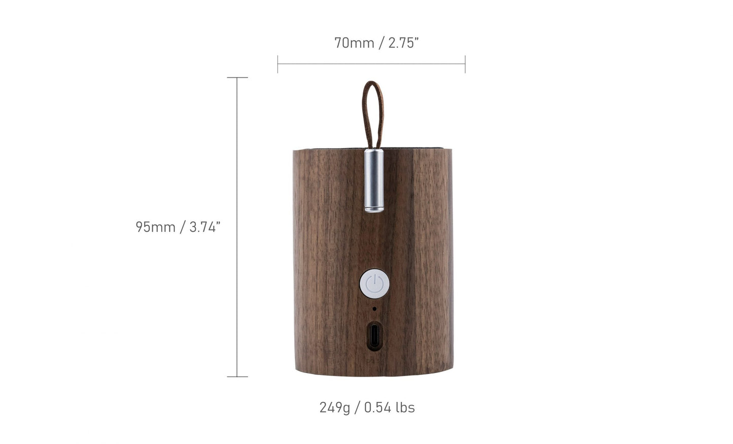 Drum-style Bluetooth speaker dimensions: 70mm height, 95mm diameter, wood body