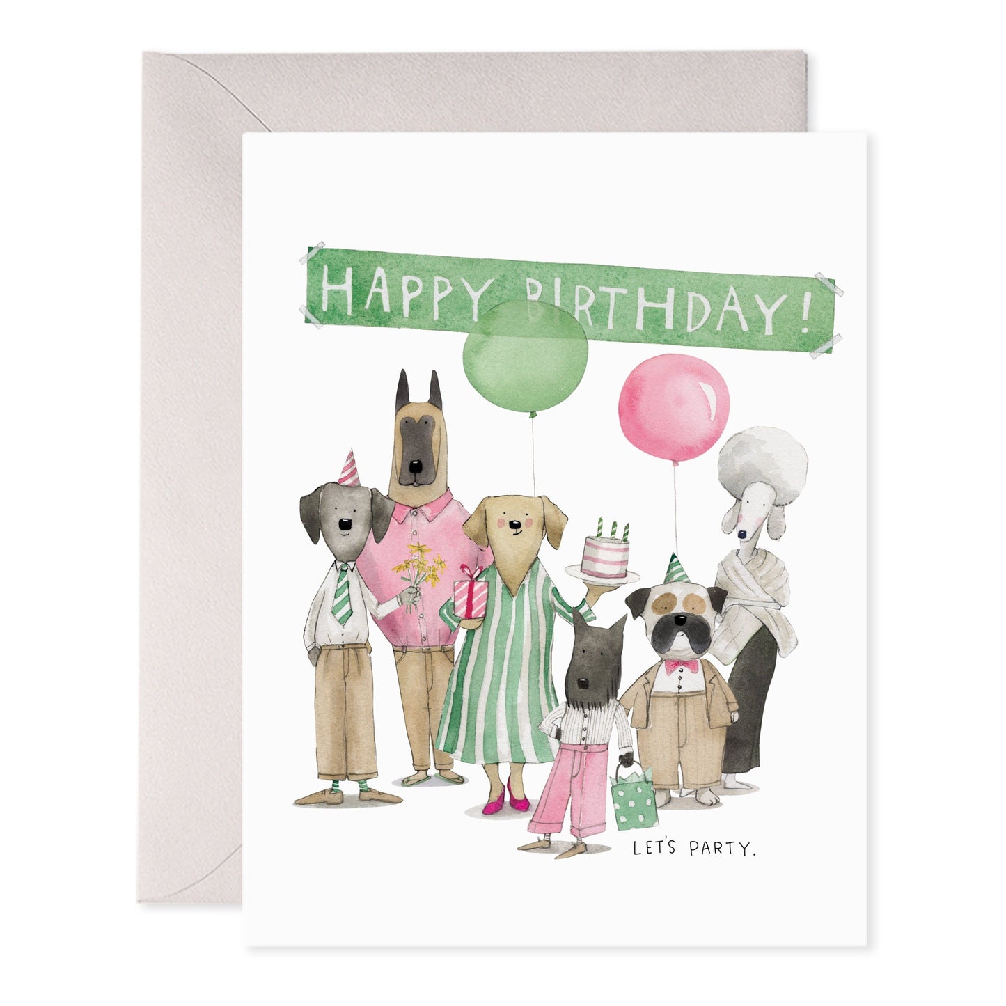 Dog birthday greeting card with 'Happy Birthday' text, dressed dogs and balloons