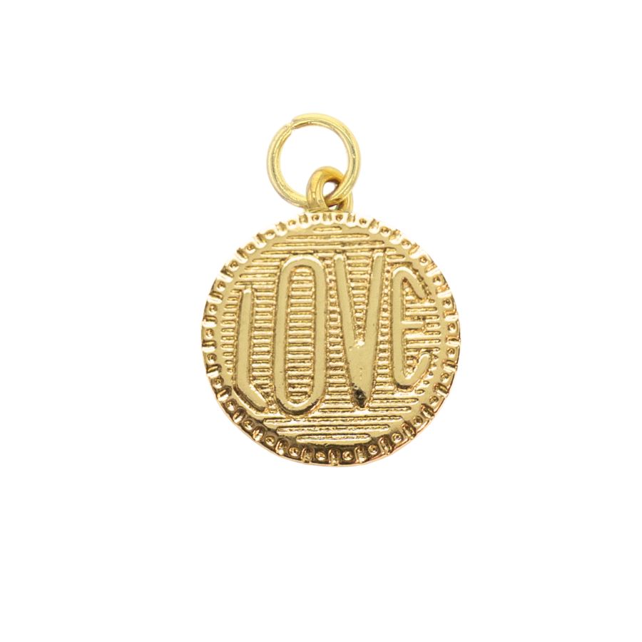 Gold-tone love medallion charm with top link loop and engraved LOVE letters
