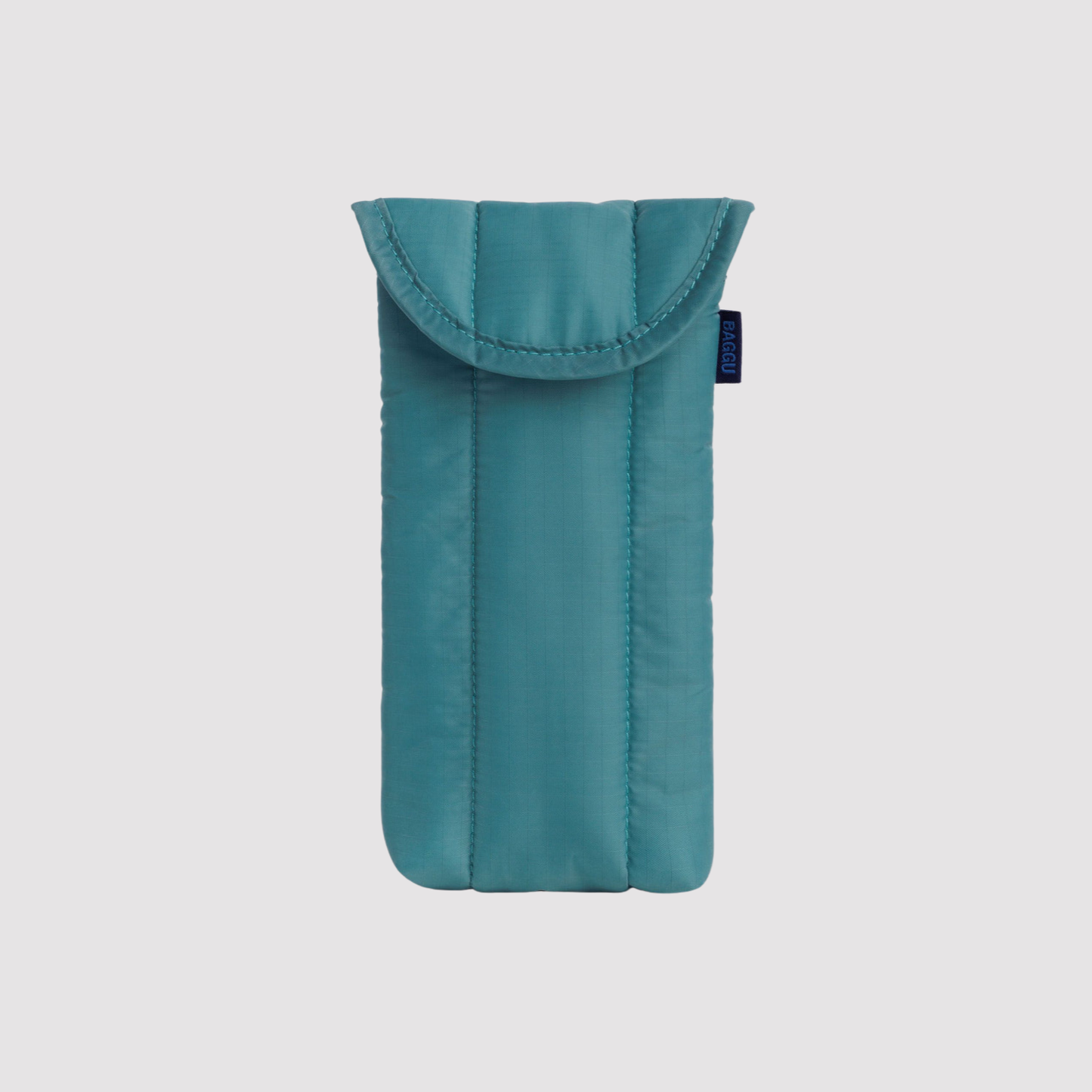 Padded glasses sleeve in teal with curved top flap and stitched seams
