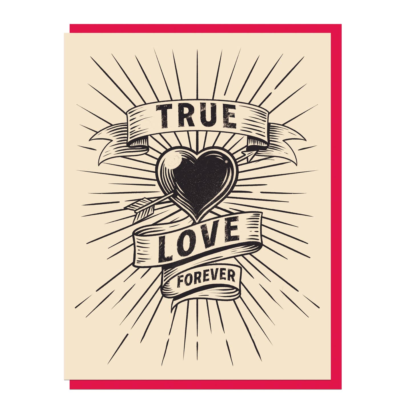 Beige greeting card with black True Love heart text and Forever banner