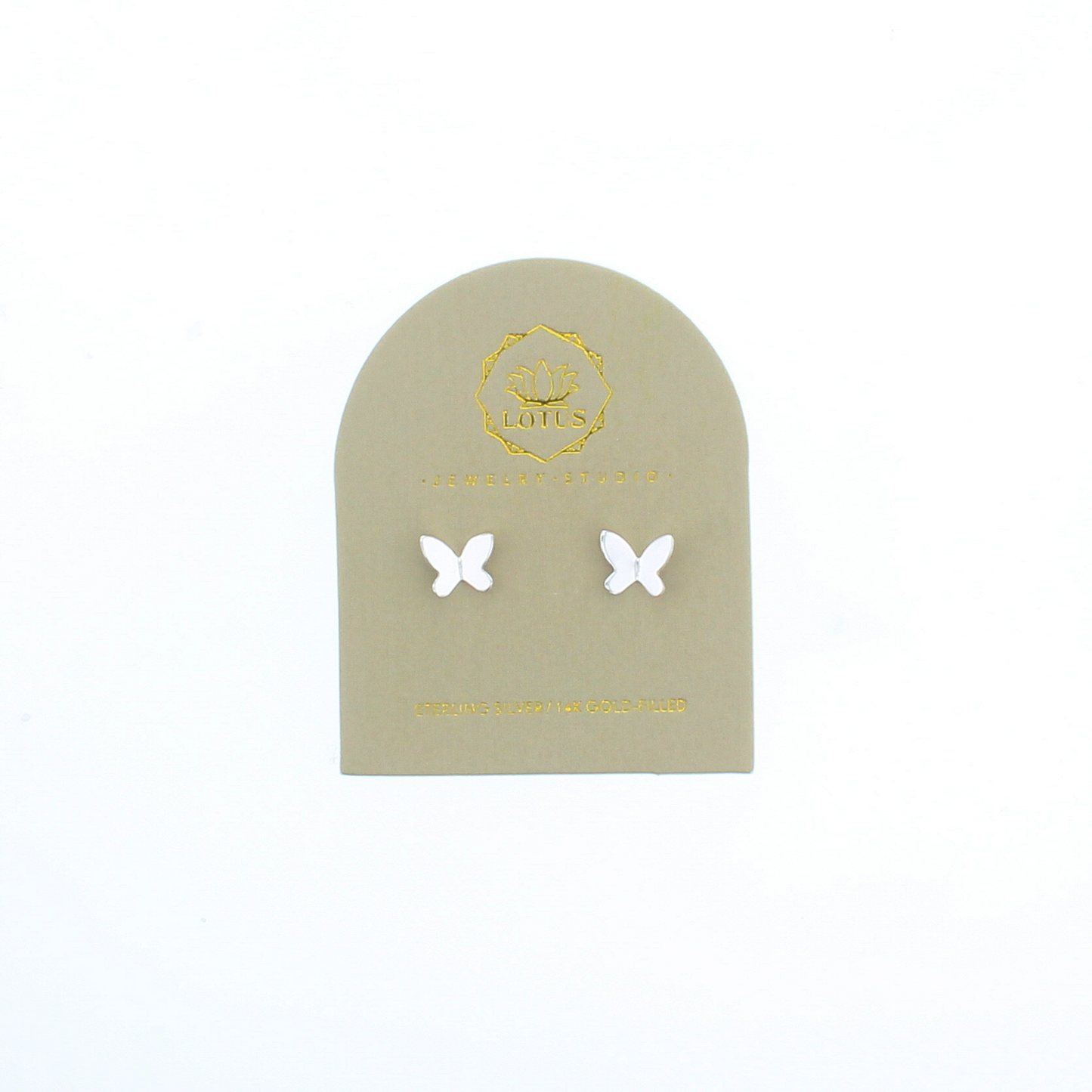Sterling butterfly stud earrings on card, small white butterfly pairs