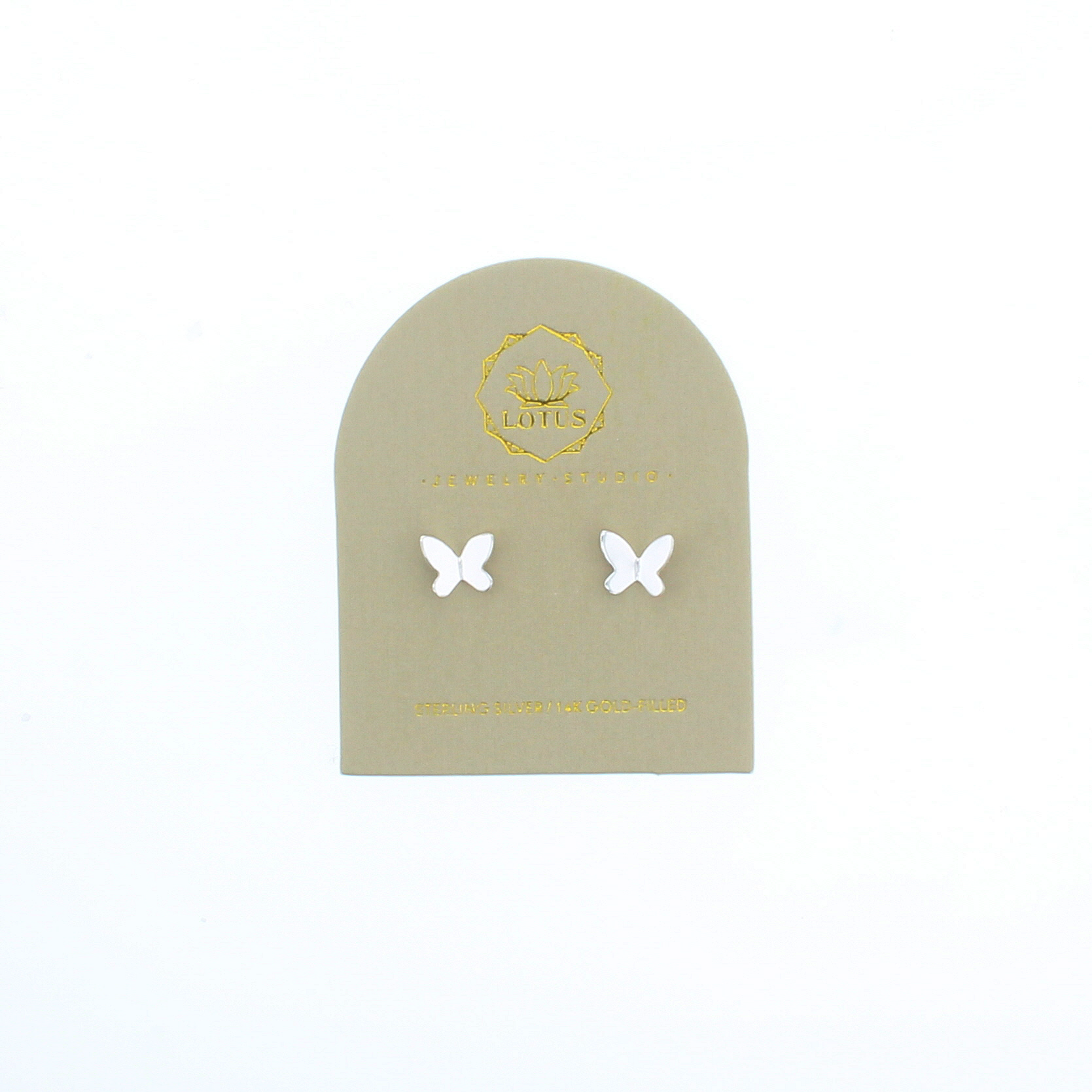 Sterling butterfly stud earrings on card, small white butterfly pairs