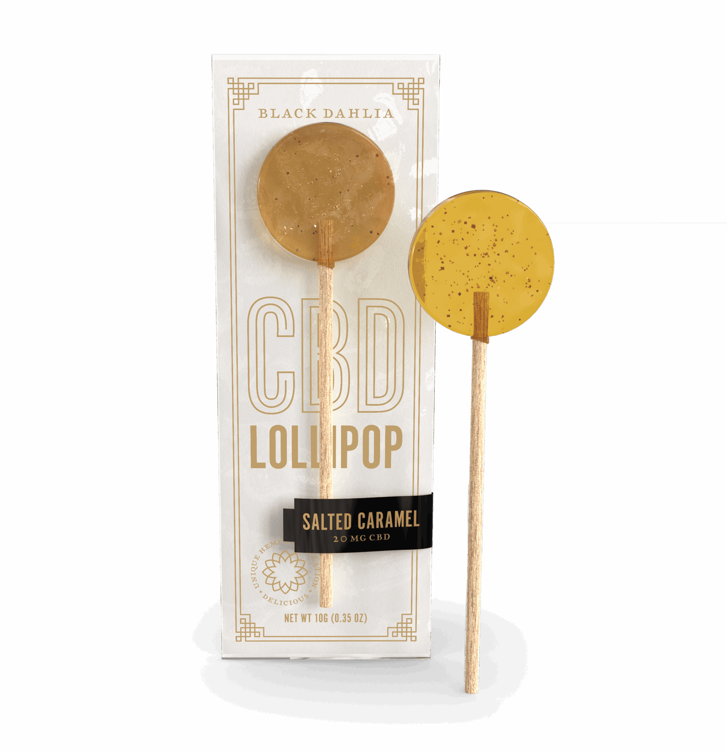 Salted caramel CBD lollipop with caramel-colored round candy on stick, in white box