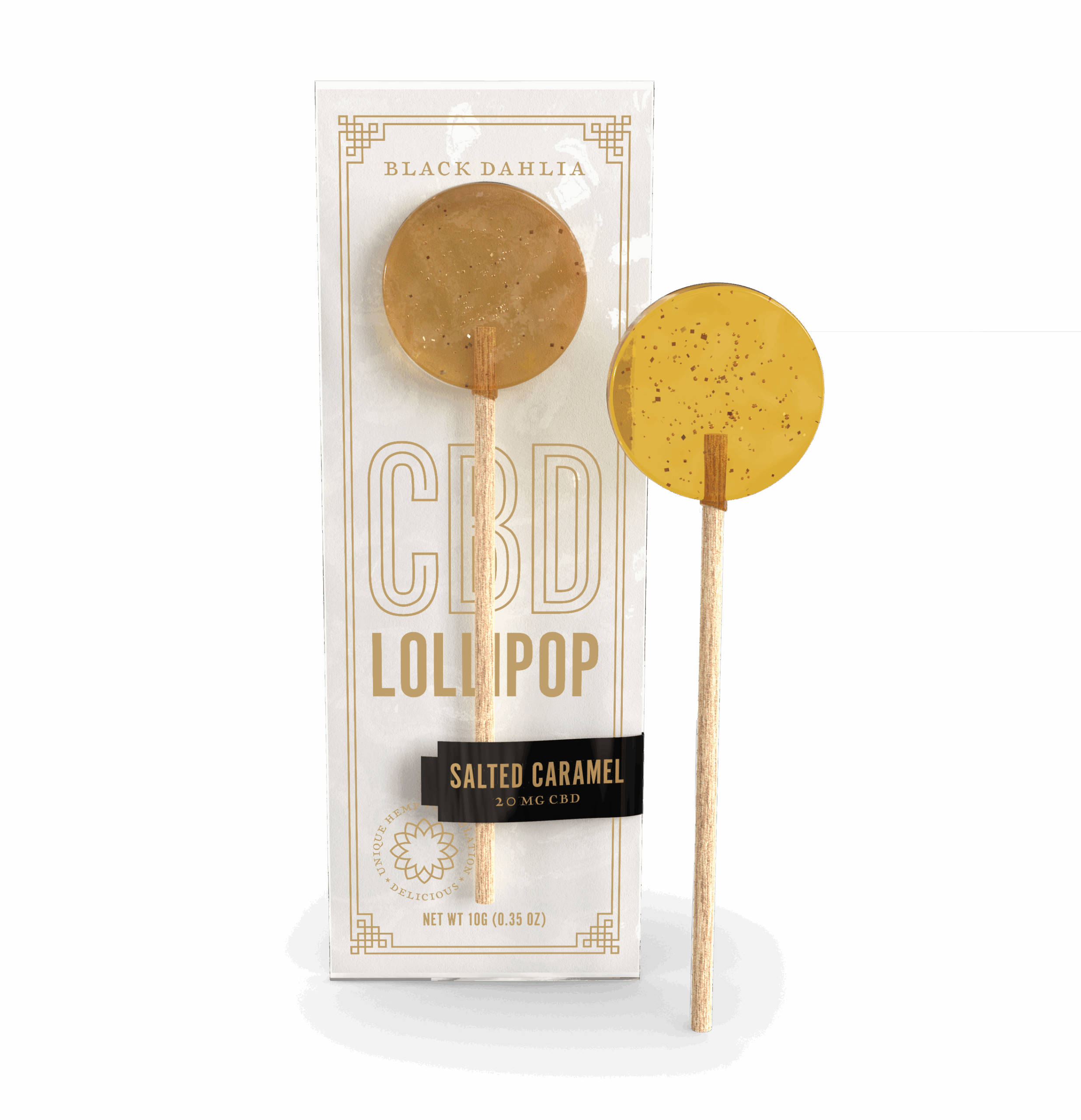 Salted caramel CBD lollipop with caramel-colored round candy on stick, in white box