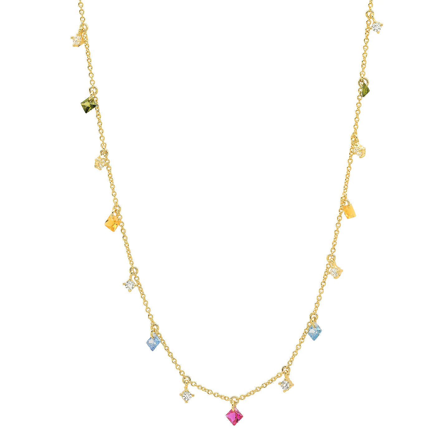 Gold-tone chain necklace with small star-shaped gemstone charms in mixed colors