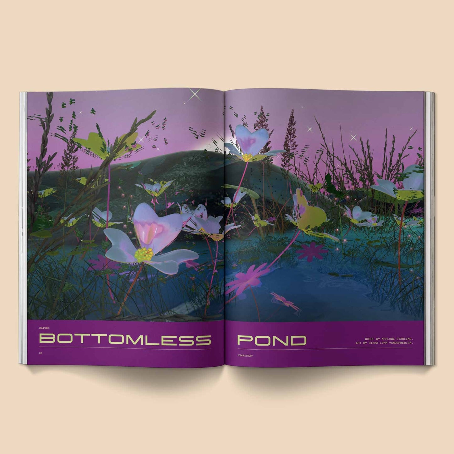 Opened music magazine spread featuring purple landscape artwork with "BOTTOMLESS" and "POND"
