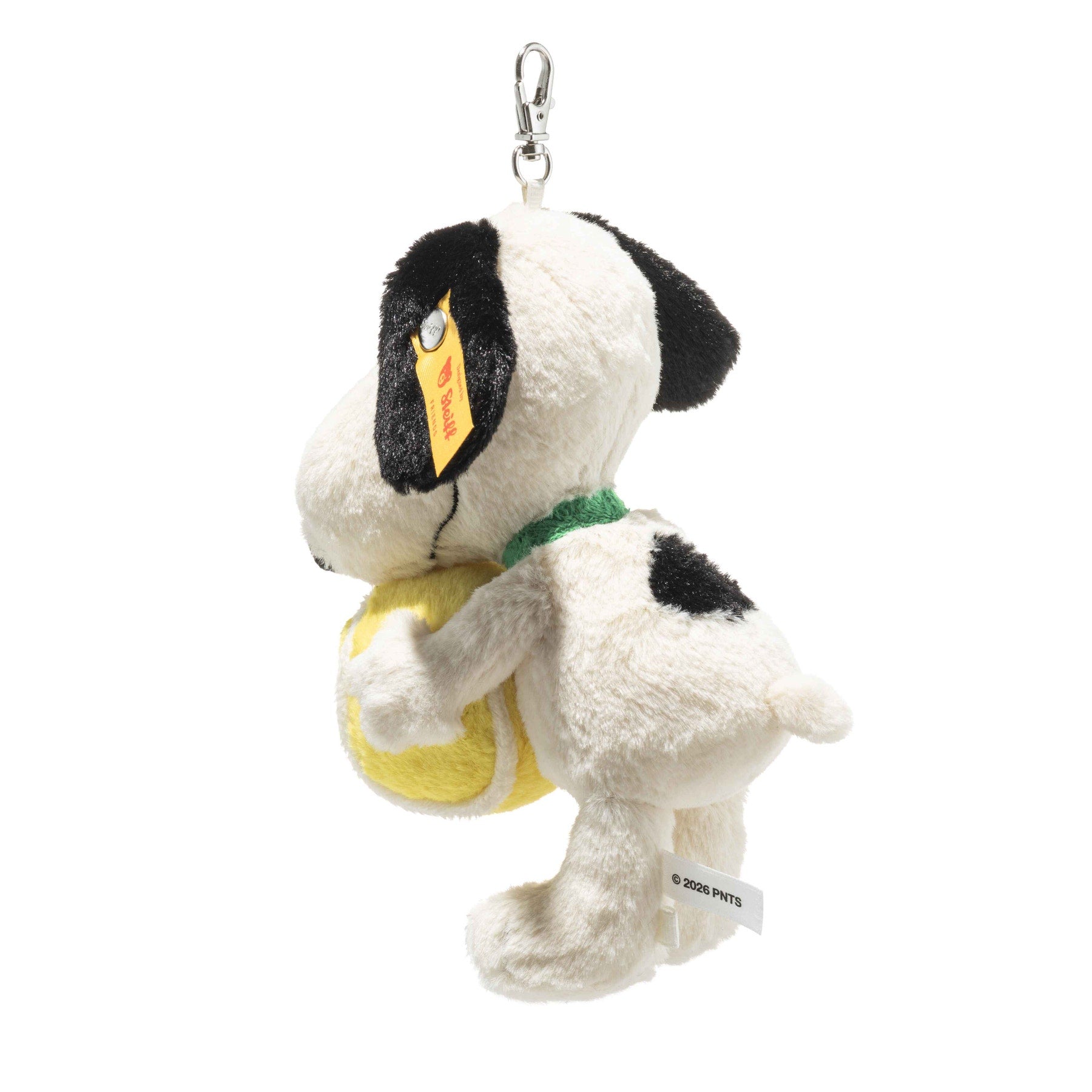 Plush Snoopy-style keychain figure, side view with green collar and yellow tennis ball