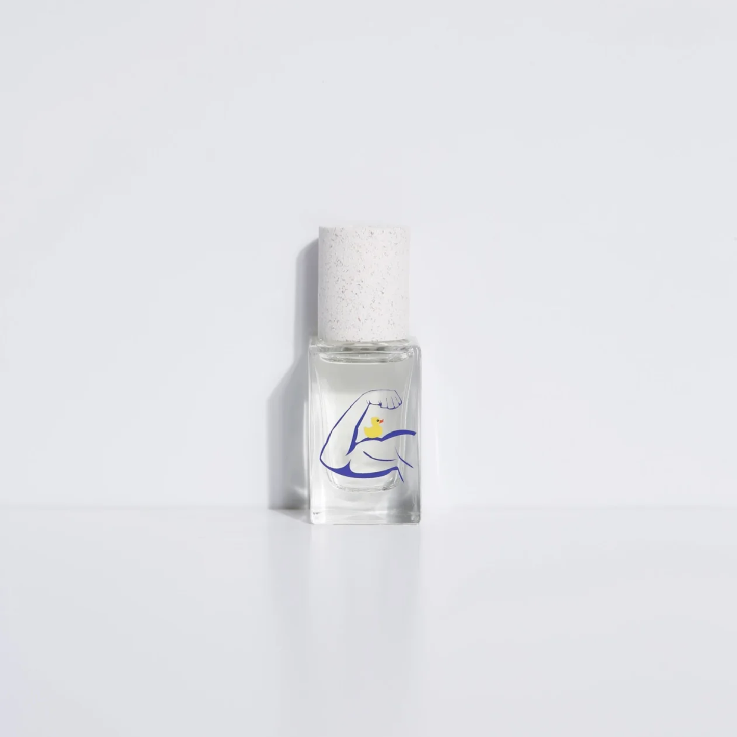 Clear rectangular eau de parfum bottle with white textured cap and blue logo