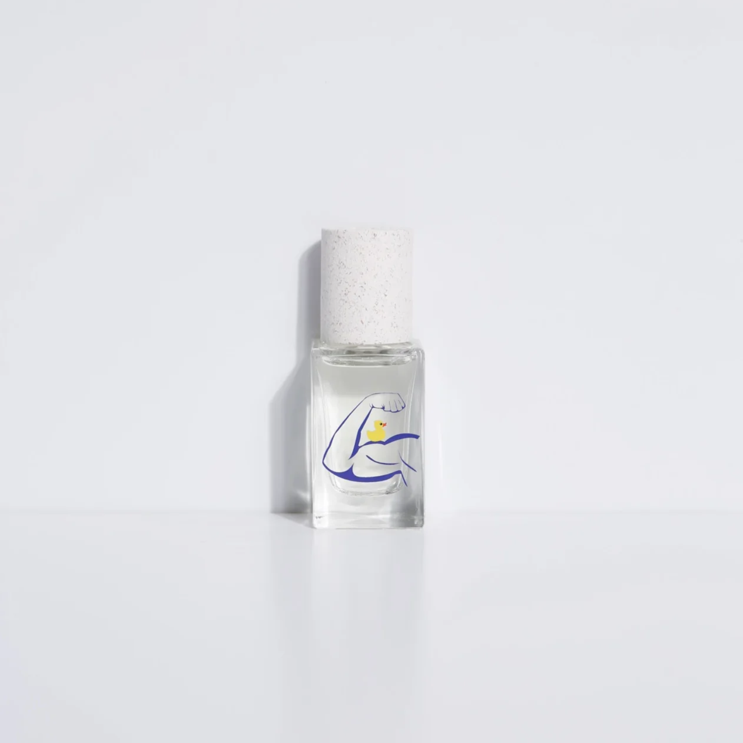 Clear rectangular eau de parfum bottle with white textured cap and blue logo