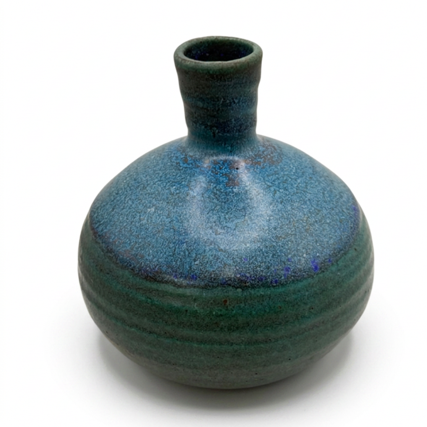 Glazed ceramic weed pot vase with rounded body, short neck, flared rim, blue-green