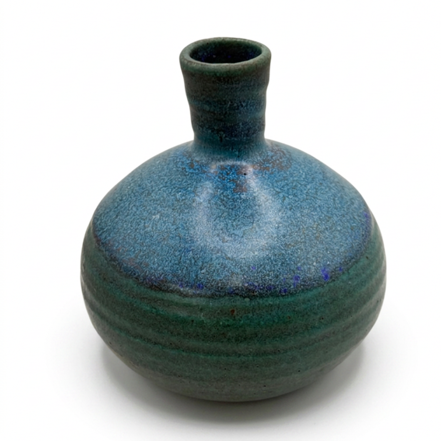 Glazed ceramic weed pot vase with rounded body, short neck, flared rim, blue-green