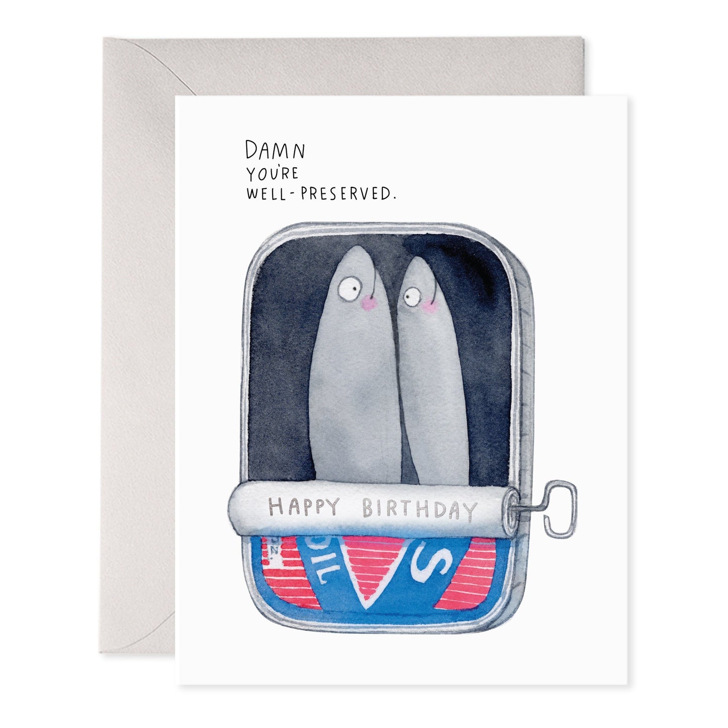 Funny birthday card with two cartoon sardines in a tin and “Happy Birthday” text