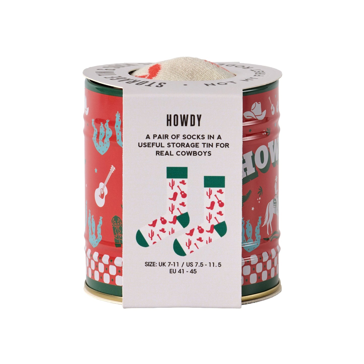 Socks in a can gift set, Howdy branding on red cactus pattern can
