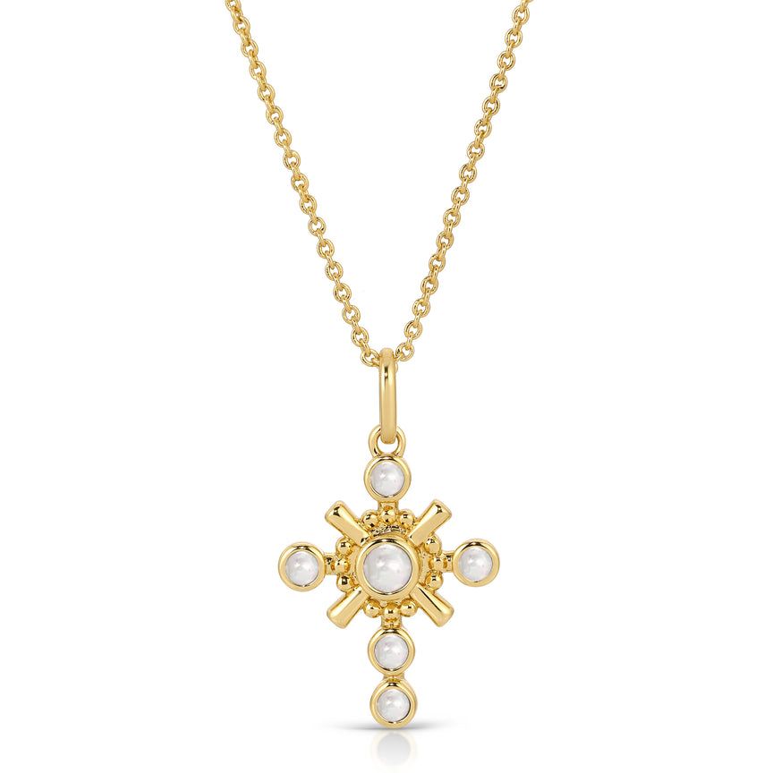Gold-tone gothic cross pendant with central pearl and four small pearl accents on chain