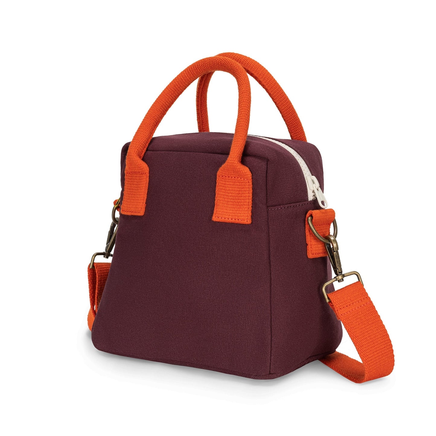 Lunch clutch bag, fig purple body with orange top handles and crossbody strap