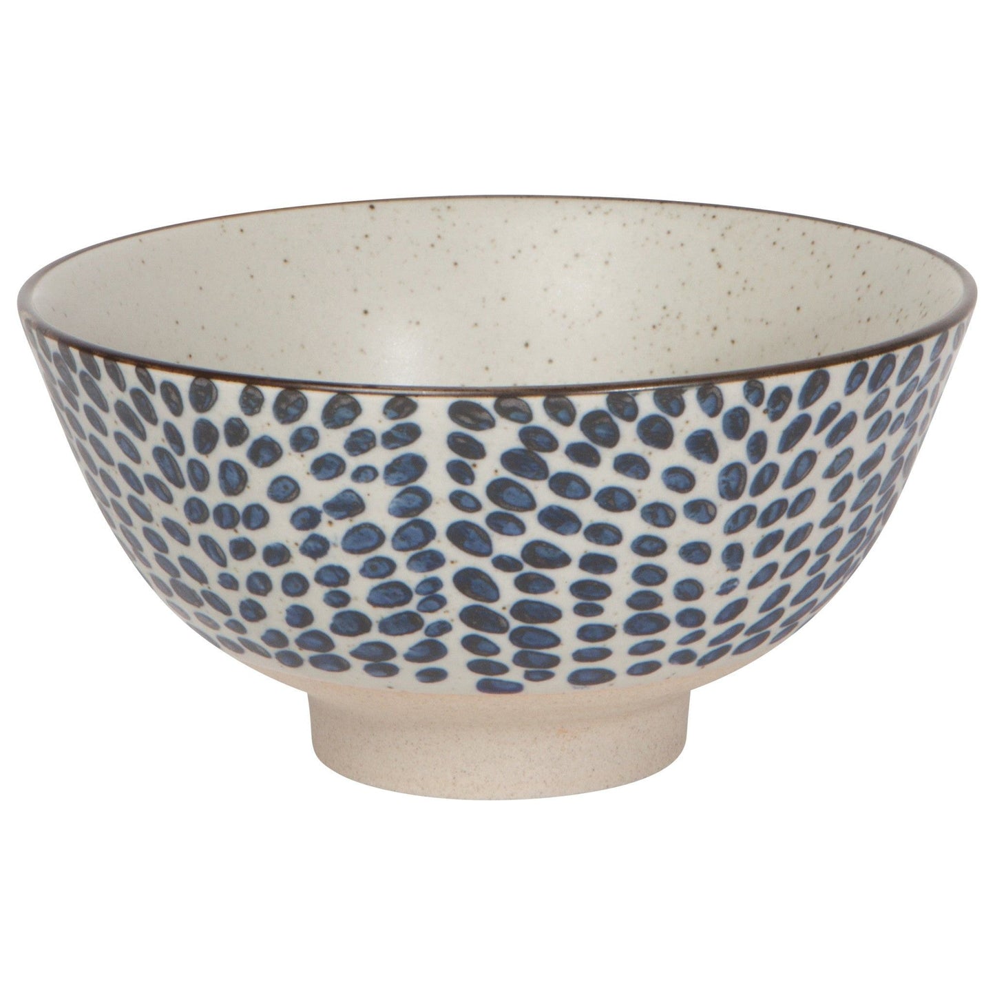 Large ceramic bowl with speckled cream glaze and blue droplet dot pattern; open bowl