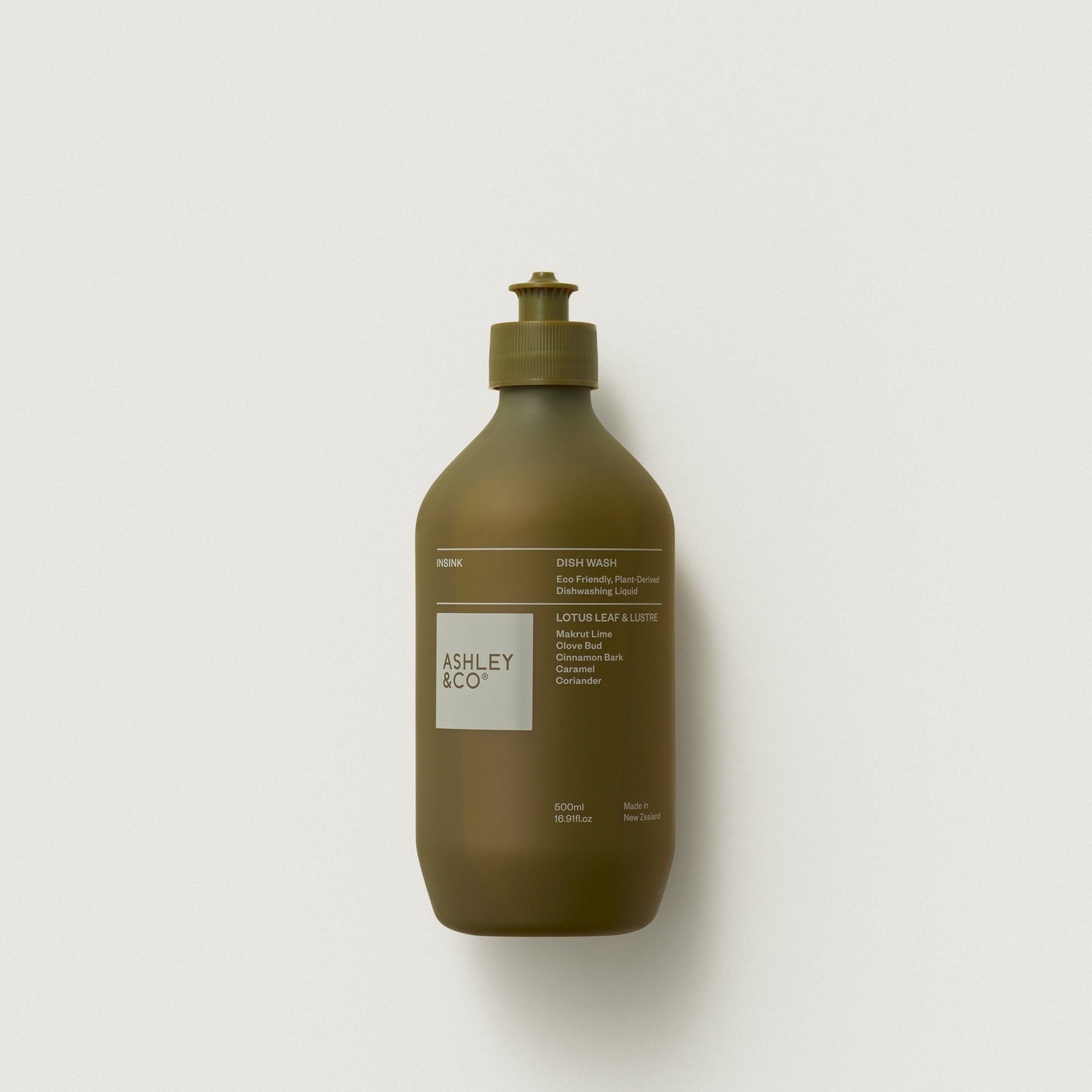 Dish wash bottle, olive green with pump and Ashley & Co label