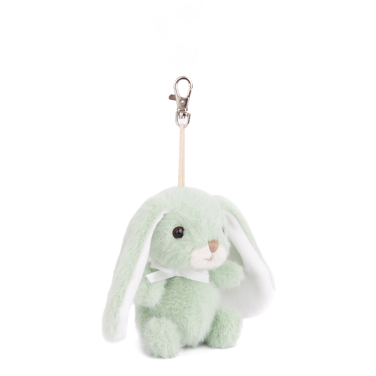 Green plush bunny bag charm with bow and silver metal clip, hanging loop.
