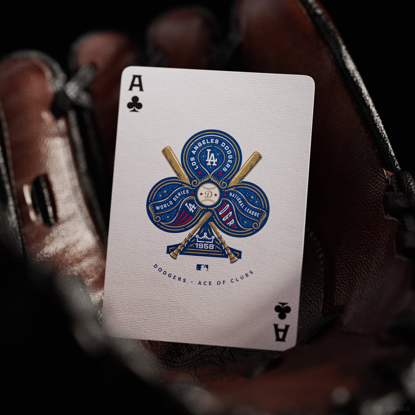 Ace of clubs playing card with Dodgers crest emblem