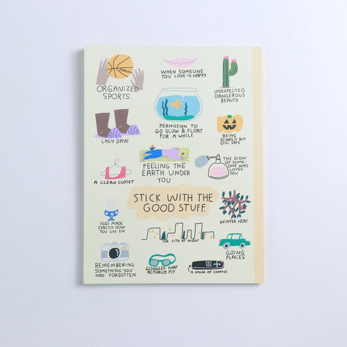 Sticker book page with illustrated quotes and various sticker icons