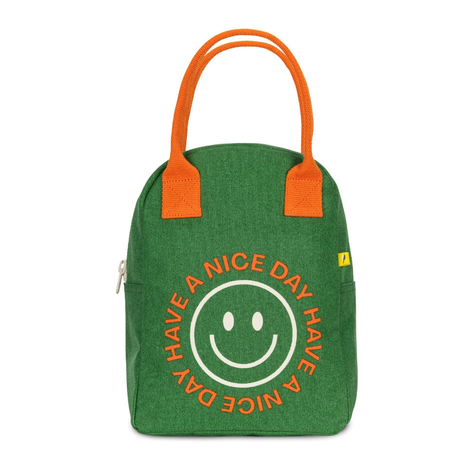 Zipper lunch bag in green with orange handles and “Have A Nice Day” smiley graphic
