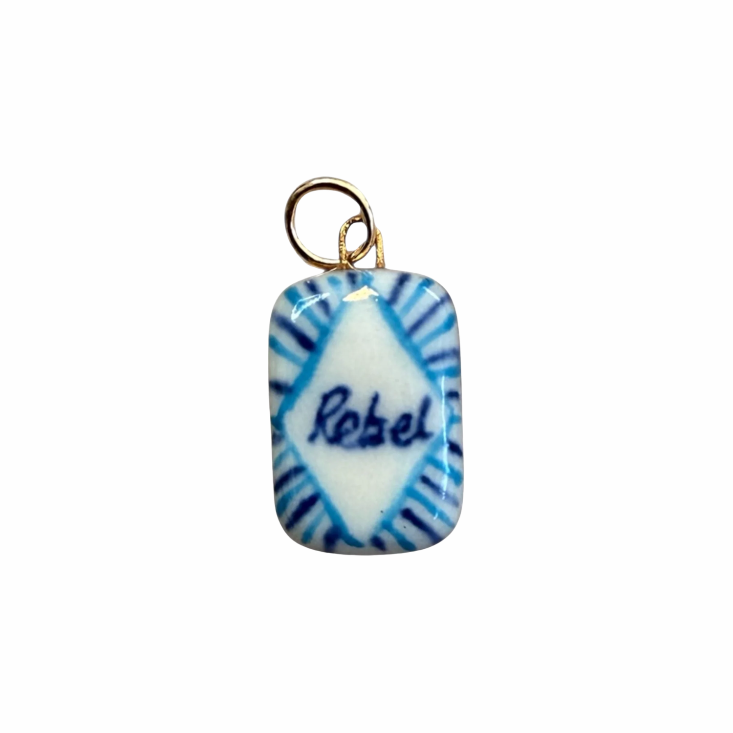 Porcelain charm pendant with blue swirl design and 'Rebel' text, gold loop