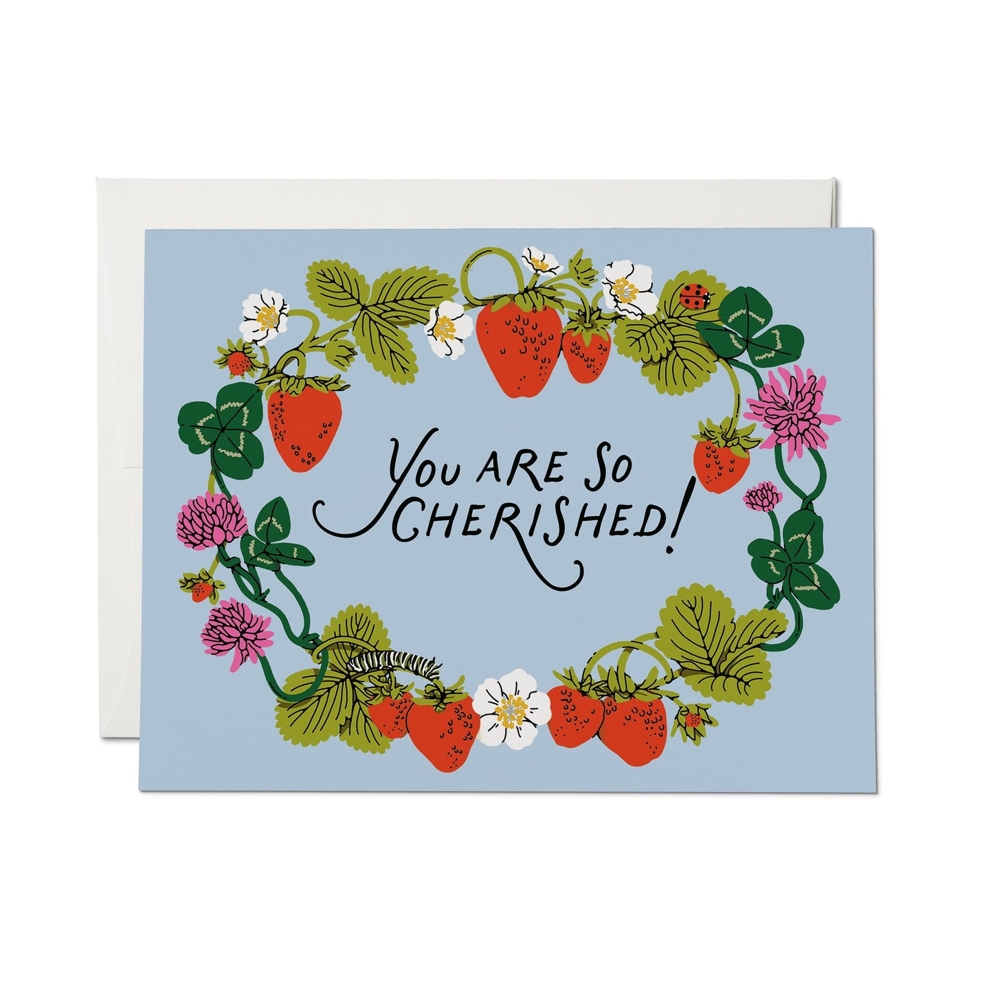 Cherished greeting card with floral strawberry wreath and message You are So Cherished!