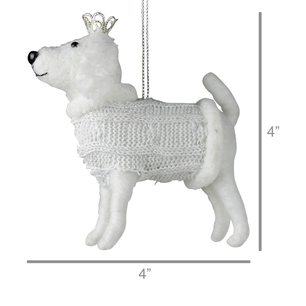 Felt white dog ornament with jeweled crown, hanging chain, 4 in