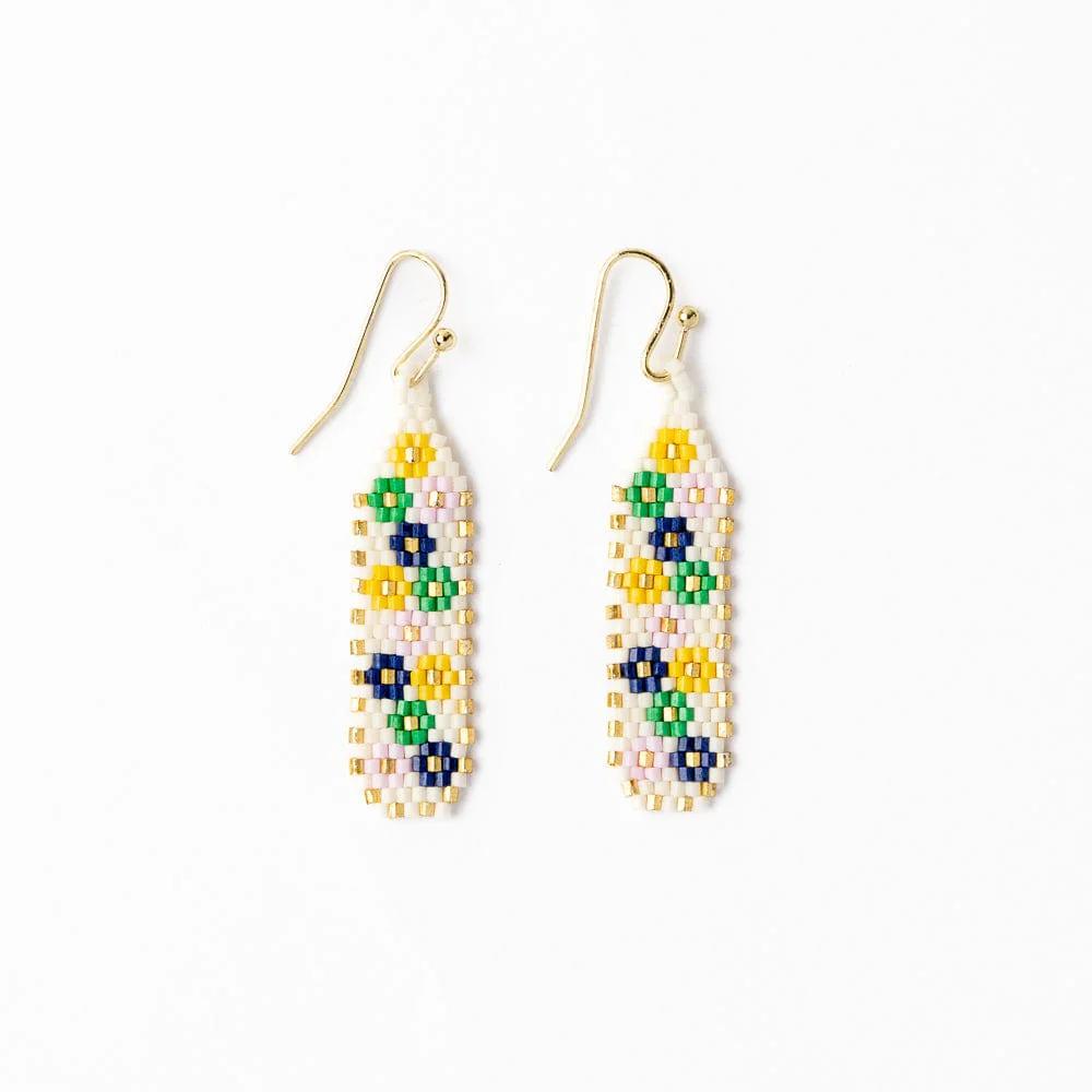 Gold-tone fishhook earrings with dangling beaded floral teardrops in ivory and multicolor